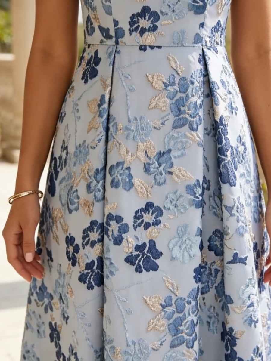 A-Line/Princess Scoop Jacquard Cocktail Dresses Tea-Length Floral Sleeveless Formal Dresses