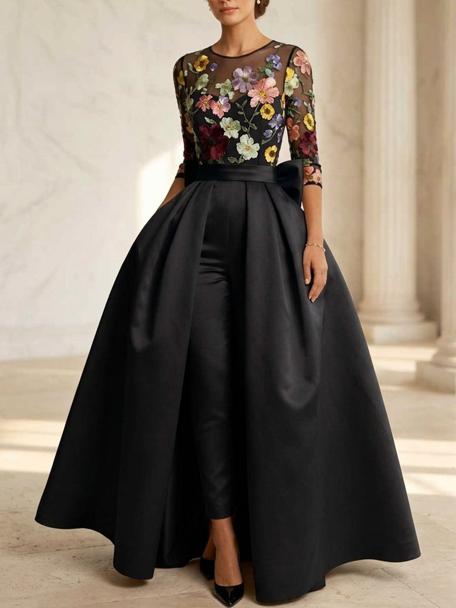 Jumpsuit Scoop Satin Evening Dresses with Overskirt Lace Floral 3/4 Sleeves Bowknot Ankle-Length Party Dresses