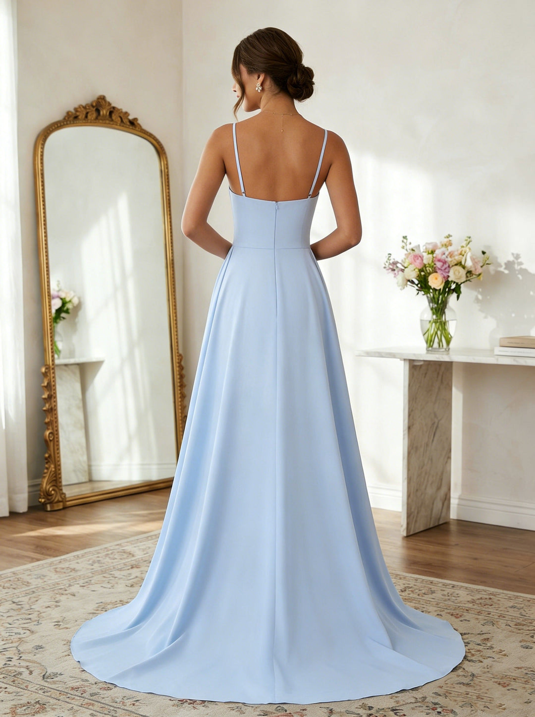 Sheath/Column Spaghetti Straps Satin Evening Dresses with Overskirt Sleeveless Floral Floor-Length Party Dresses