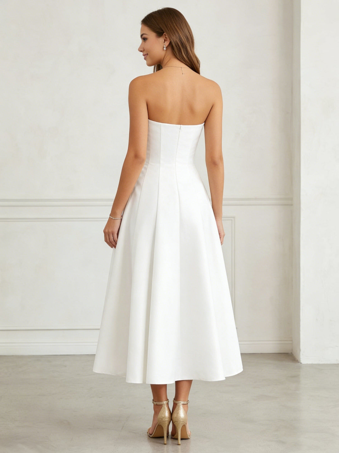 A-Line/Princess Strapless Satin Cocktail Dresses Tea-Length Sleeveless Bowknot Formal Dresses