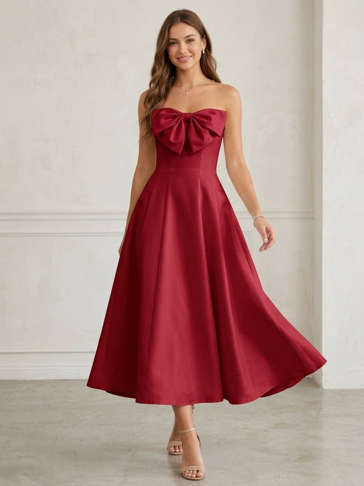 A-Line/Princess Strapless Satin Cocktail Dresses Tea-Length Sleeveless Bowknot Formal Dresses
