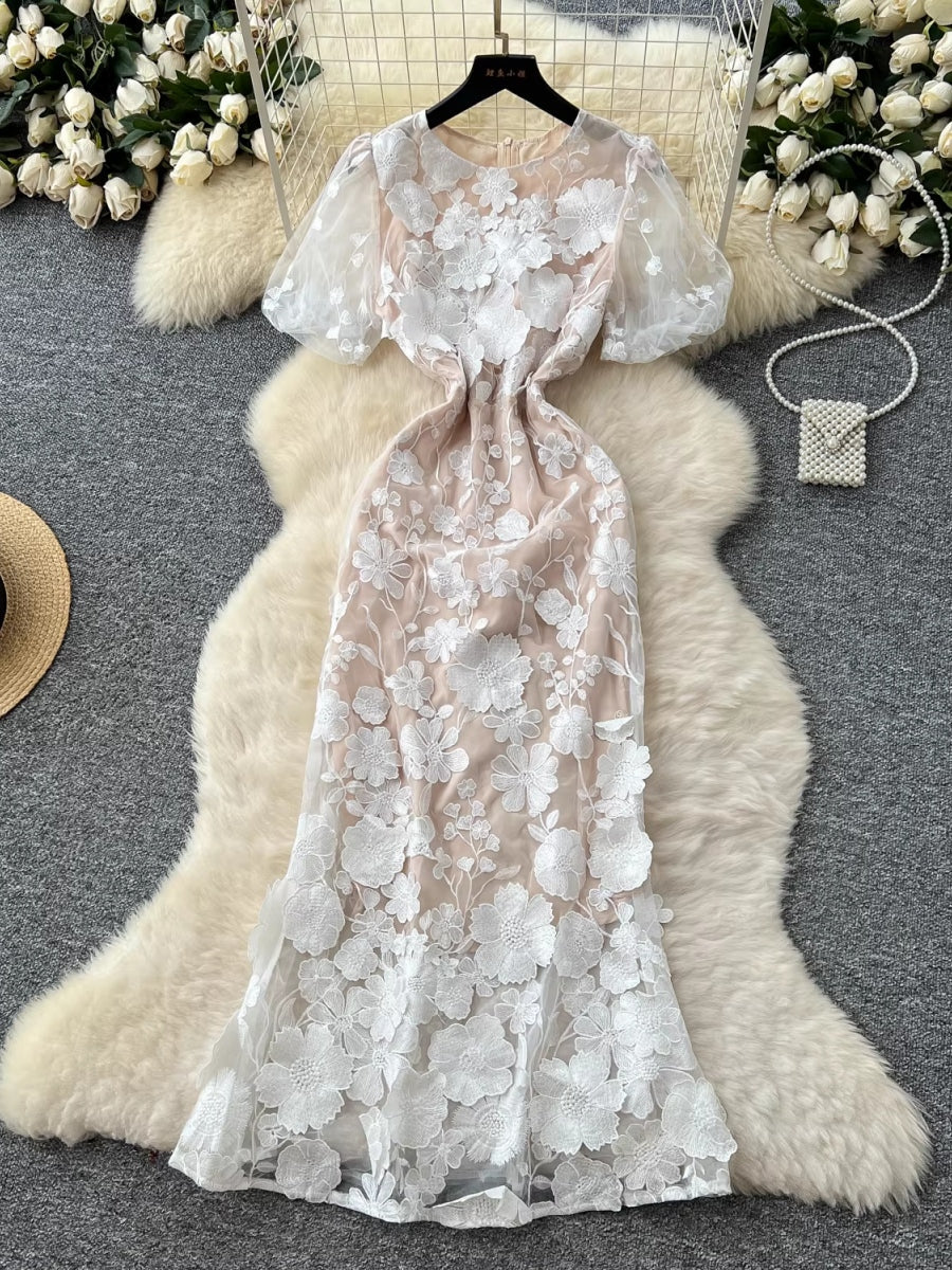 Sheath/Column Scoop Wedding Guest Dresses Lace Embroidery Tea-Length Short Sleeves Floral