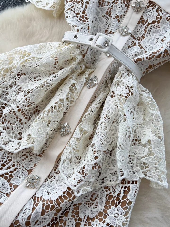 Sheath/Column V-Neck Lace Wedding Guest Dresses Tea-Length Short Sleeves Floral Belt Rhinestones Buckle