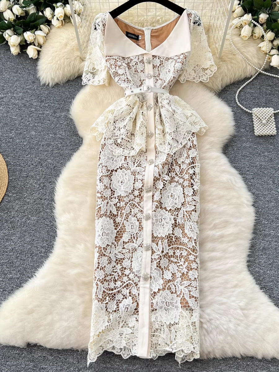 Sheath/Column V-Neck Lace Wedding Guest Dresses Tea-Length Short Sleeves Floral Belt Rhinestones Buckle