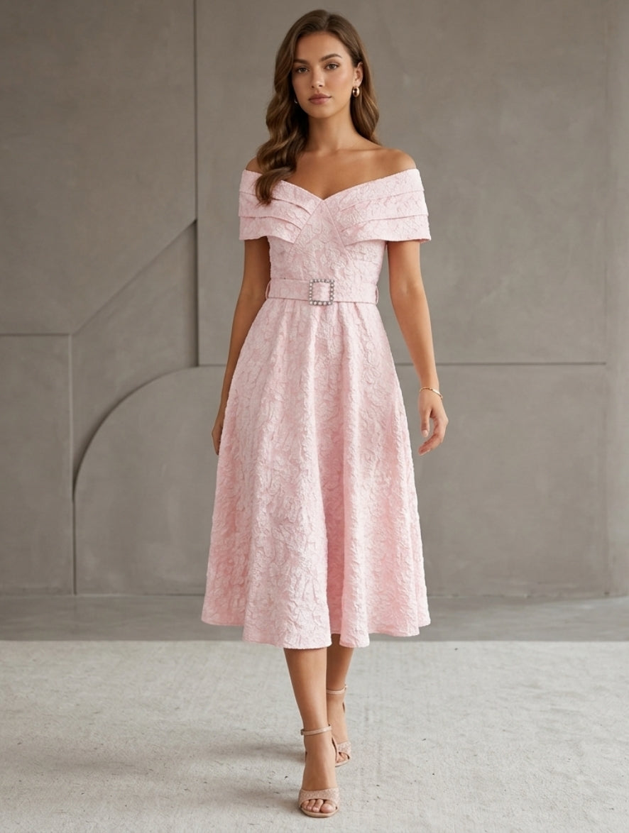 A-Line/Princess Off-the-Shoulder Jacquard Wedding Guest Dresses Tea-Length Sleeveless Floral Belt