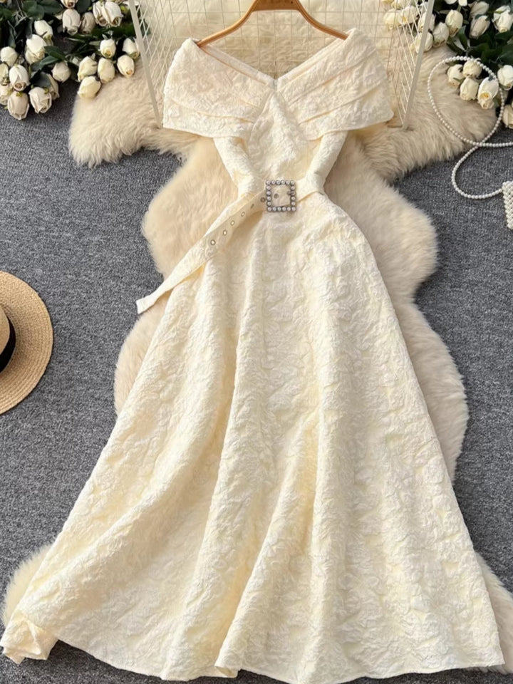 A-Line/Princess Off-the-Shoulder Jacquard Wedding Guest Dresses Tea-Length Sleeveless Floral Belt