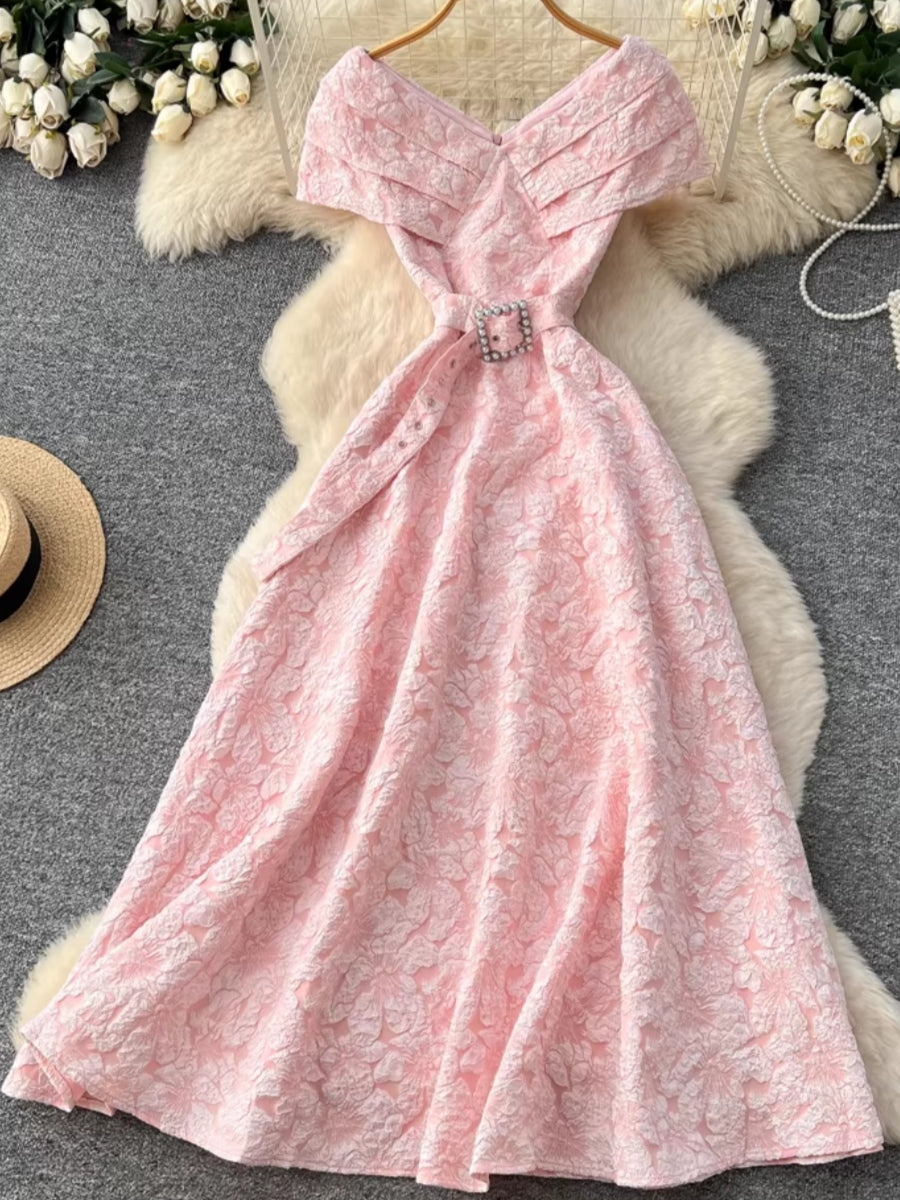 A-Line/Princess Off-the-Shoulder Jacquard Wedding Guest Dresses Tea-Length Sleeveless Floral Belt