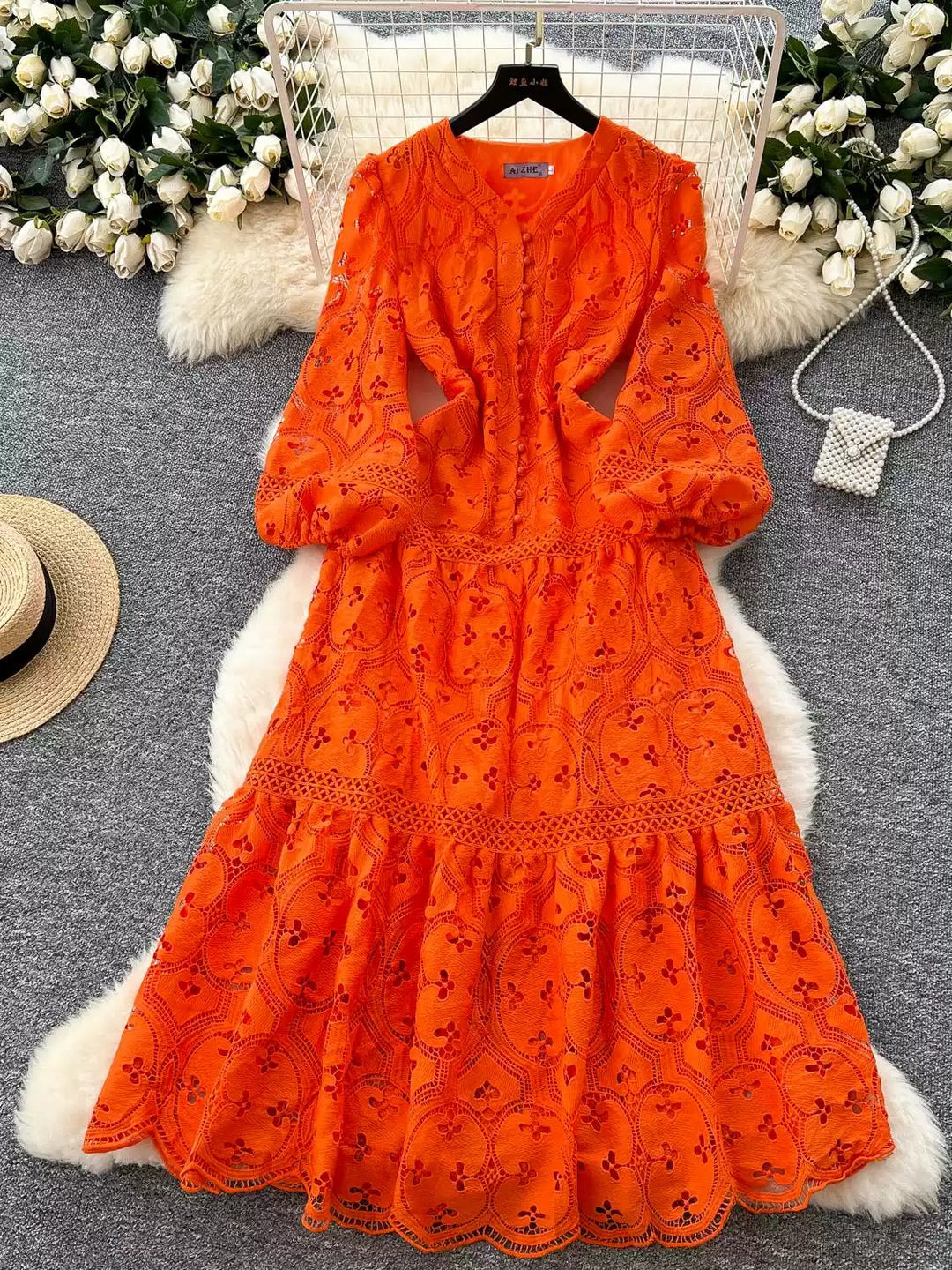 A-Line/Princess V-Neck Lace Wedding Guest Dresses Tea-Length 3/4Sleeves Floral