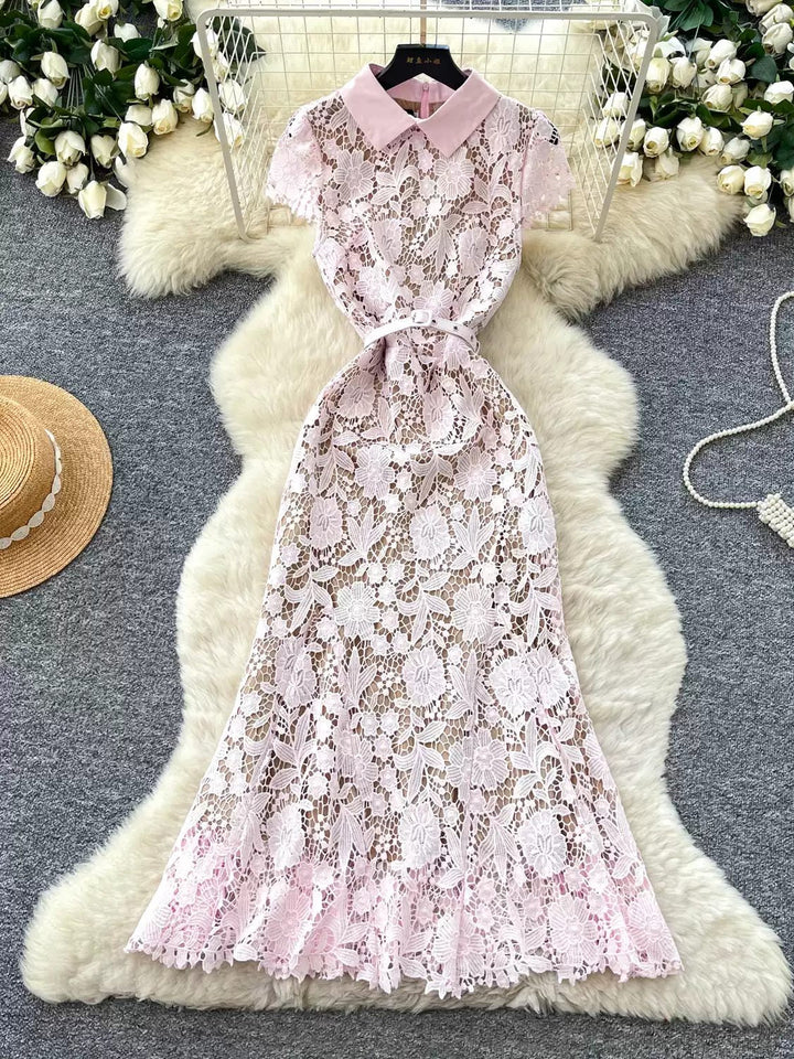 A-Line/Princess Shirt Collar Lace Wedding Guest Dresses Tea-Length Short Sleeves Floral
