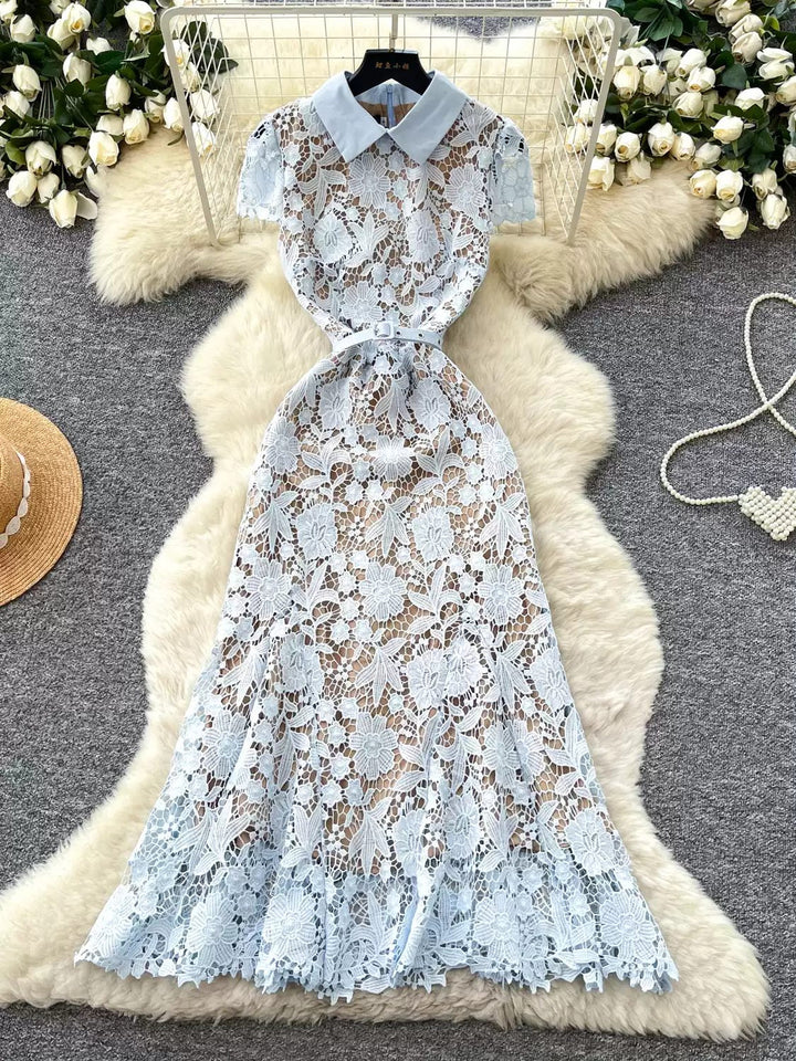 A-Line/Princess Shirt Collar Lace Wedding Guest Dresses Tea-Length Short Sleeves Floral