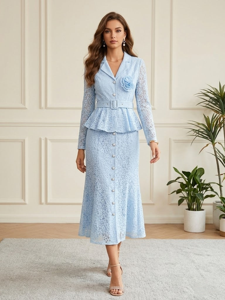 A-Line/Princess V-Neck Lace Wedding Guest Dresses Tea-Length Long Sleeves With 3D Flower&Belt
