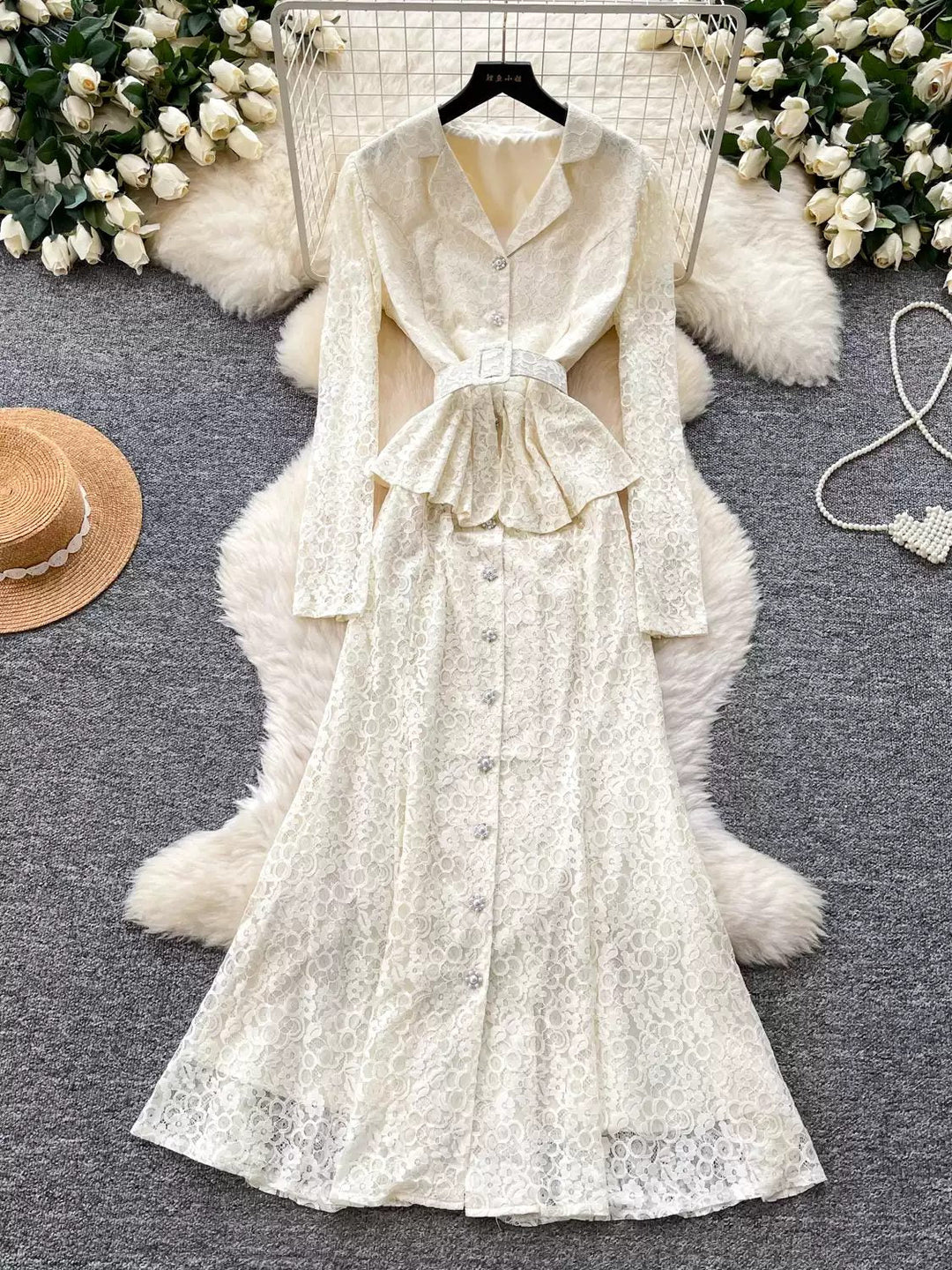 A-Line/Princess V-Neck Lace Wedding Guest Dresses Tea-Length Long Sleeves With 3D Flower&Belt