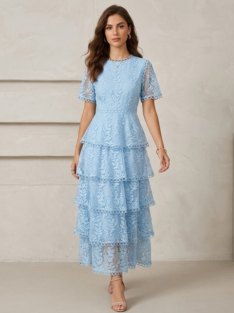 A-Line/Princess Scoop Lace Wedding Guest Dresses Tea-Length Short Sleeves