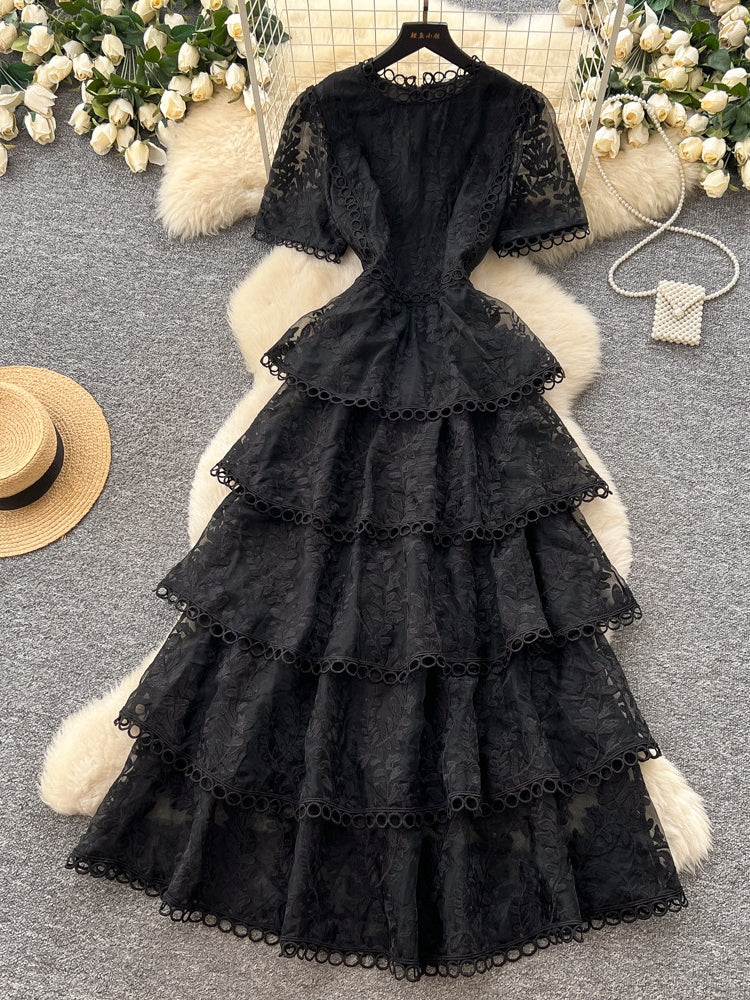 A-Line/Princess Scoop Lace Wedding Guest Dresses Tea-Length Short Sleeves