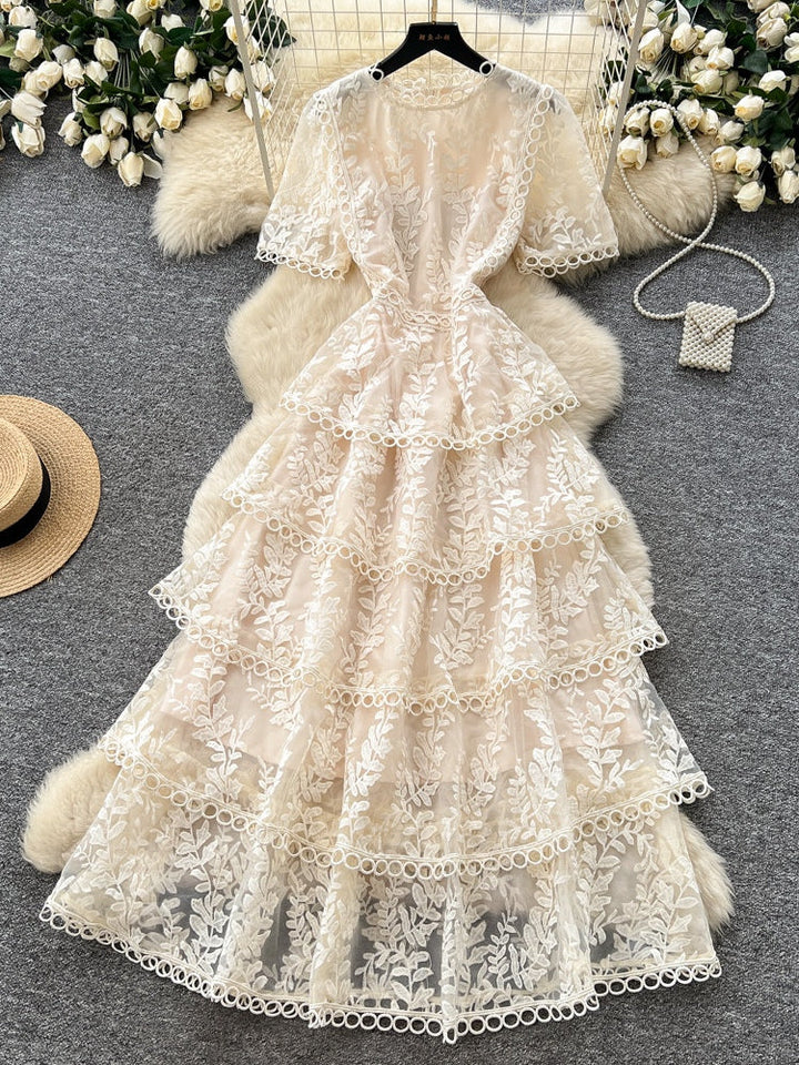 A-Line/Princess Scoop Lace Wedding Guest Dresses Tea-Length Short Sleeves