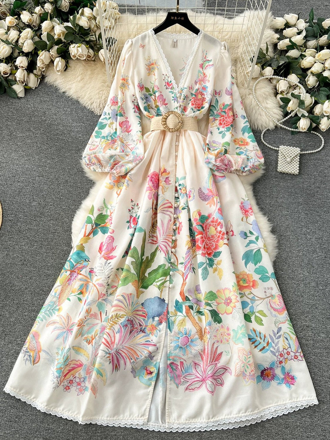A-Line/Princess V-Neck Printed Lace Wedding Guest Dresses Tea-Length Long Sleeves Floral With Belt