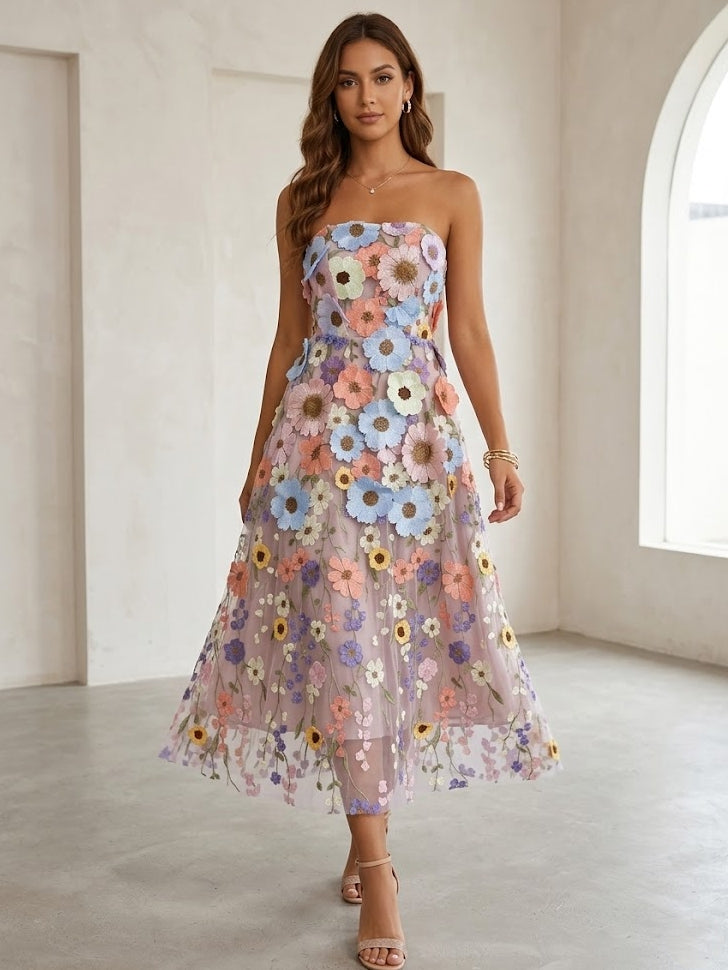 A-Line/Princess Strapless Printed Wedding Guest Dresses Tea-Length Sleeveless Floral