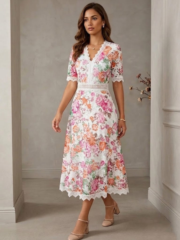 A-Line/Princess V-Neck Printed Lace Wedding Guest Dresses Tea-Length Short Sleeves Floral