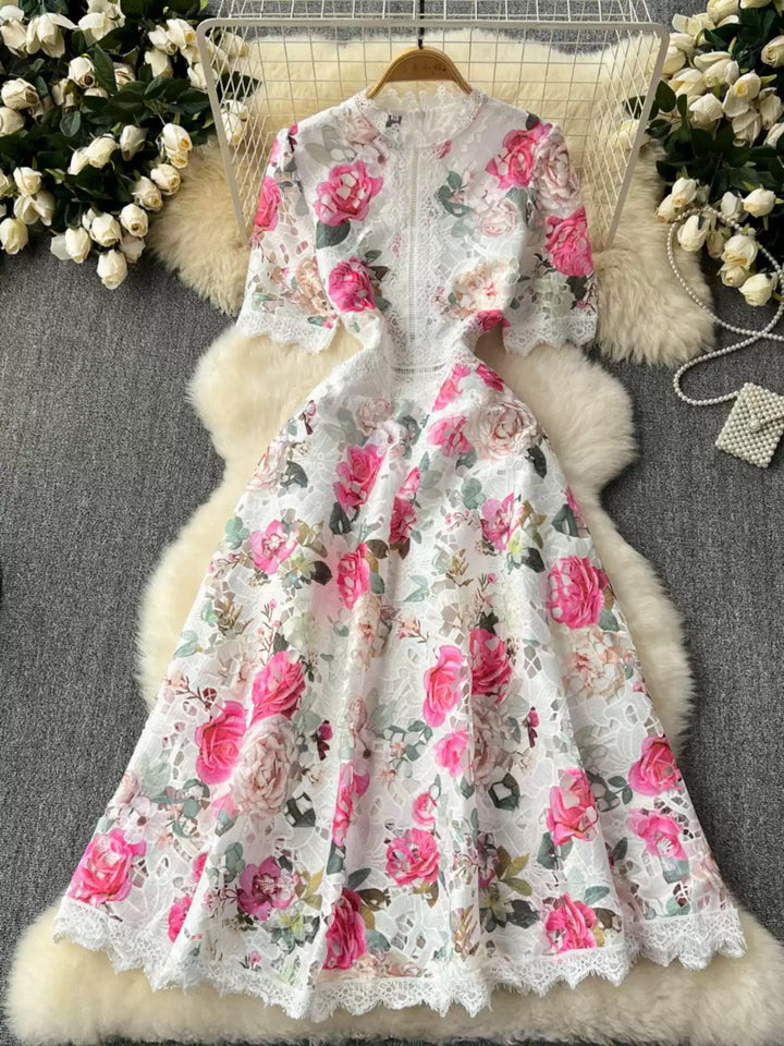 A-Line/Princess V-Neck Printed Lace Wedding Guest Dresses Tea-Length Short Sleeves Floral