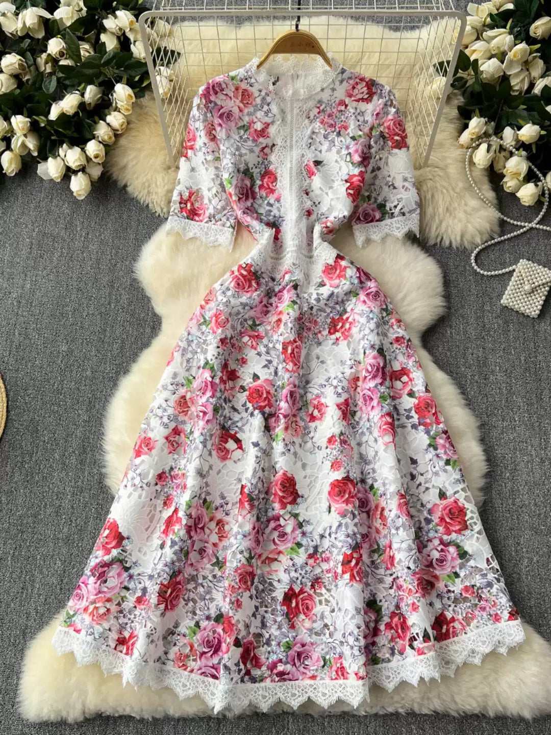 A-Line/Princess V-Neck Printed Lace Wedding Guest Dresses Tea-Length Short Sleeves Floral