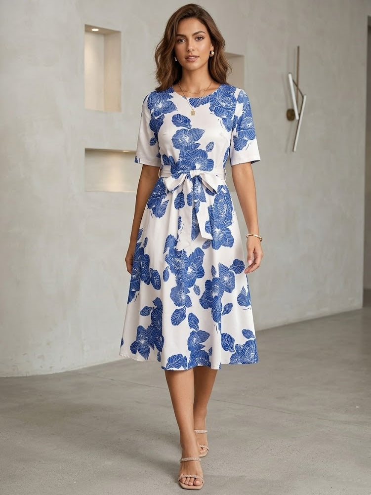 A-Line/Princess Scoop Printed Wedding Guest Dresses Tea-Length Short Sleeves Floral Bowknot