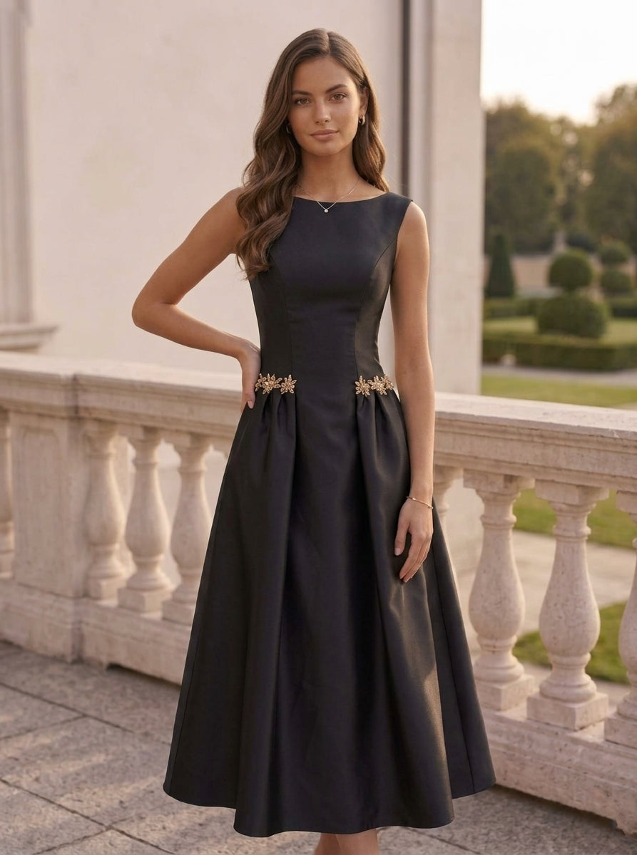 A-Line/Princess Scoop Satin Cocktail Dresses Sleeveless Tea-Length Rhinestone Formal Dresses