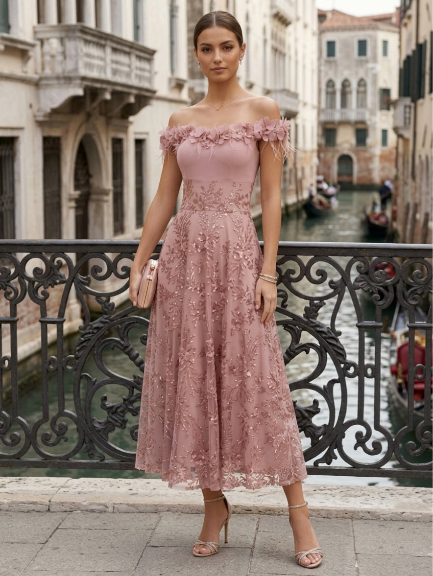 A-Line/Princess Off-the-Shoulder Lace Seuiqns Cocktail Dresses 3D Flower Sleeveless Floral Tea-Length Formal Dresses