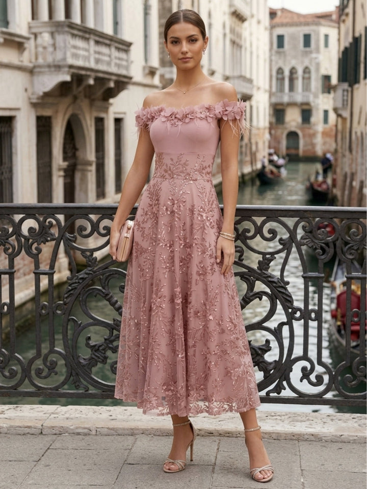 A-Line/Princess Off-the-Shoulder Lace Seuiqns Cocktail Dresses 3D Flower Sleeveless Floral Tea-Length Formal Dresses