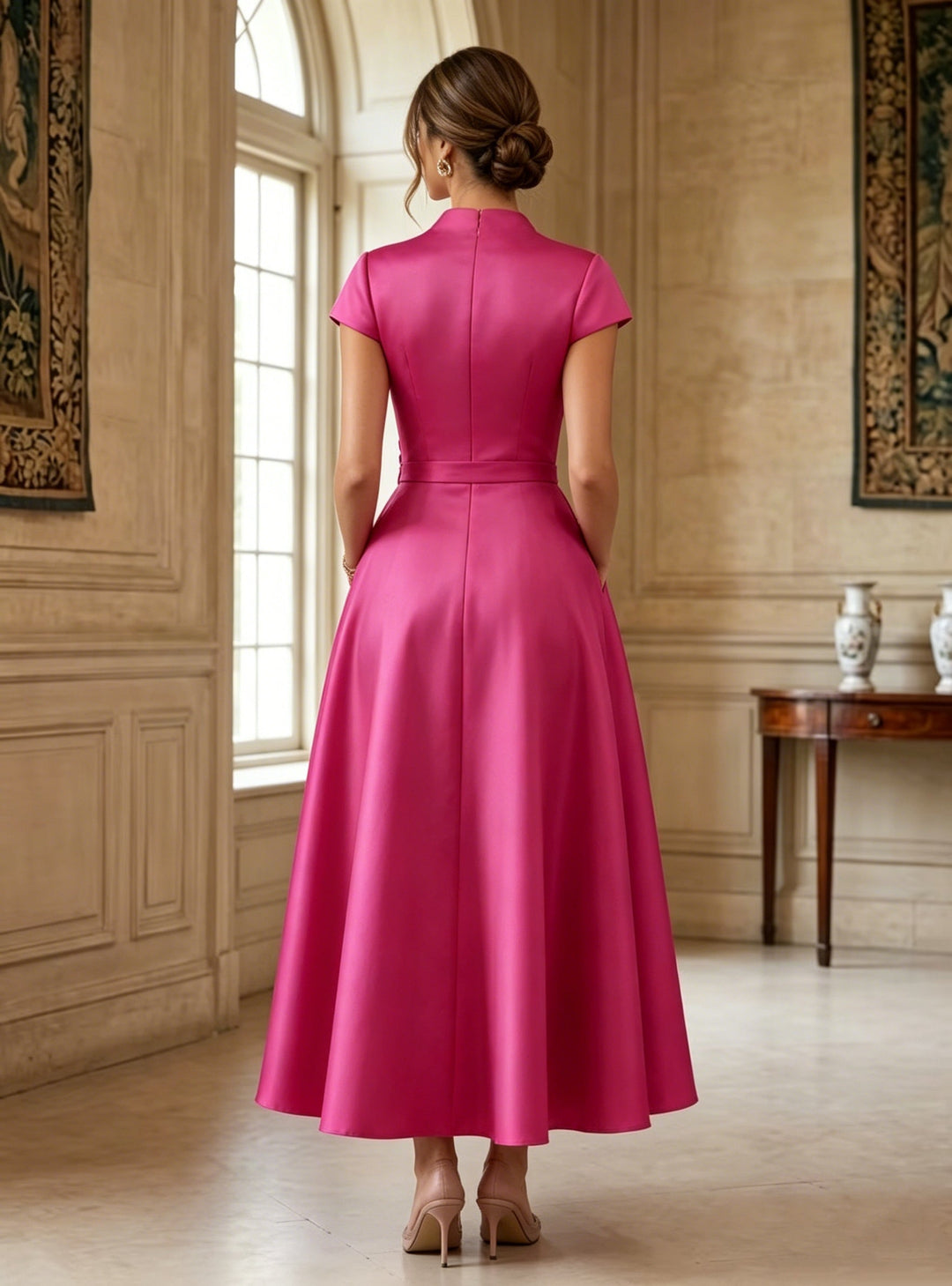 A-Line/Princess V-Neck Satin Cocktail Dresses with 3D Flower Cap Sleeves Tea-Length Formal Dresses