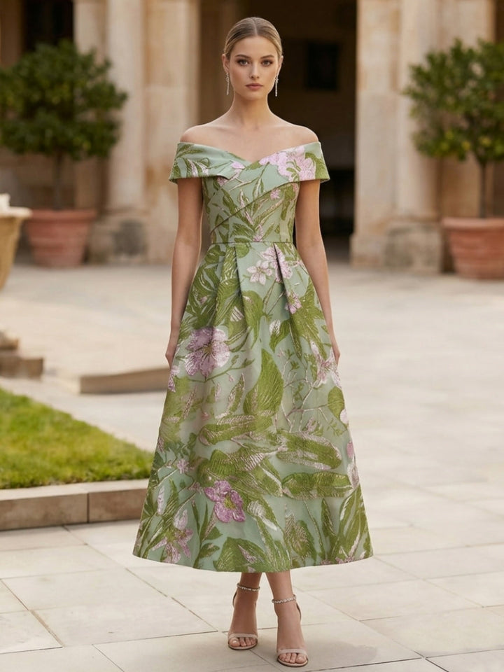 A-Line/Princess Off-the-Shoulder Printed Cocktail Dresses Sleeveless Floral Tea-Length Formal Dresses