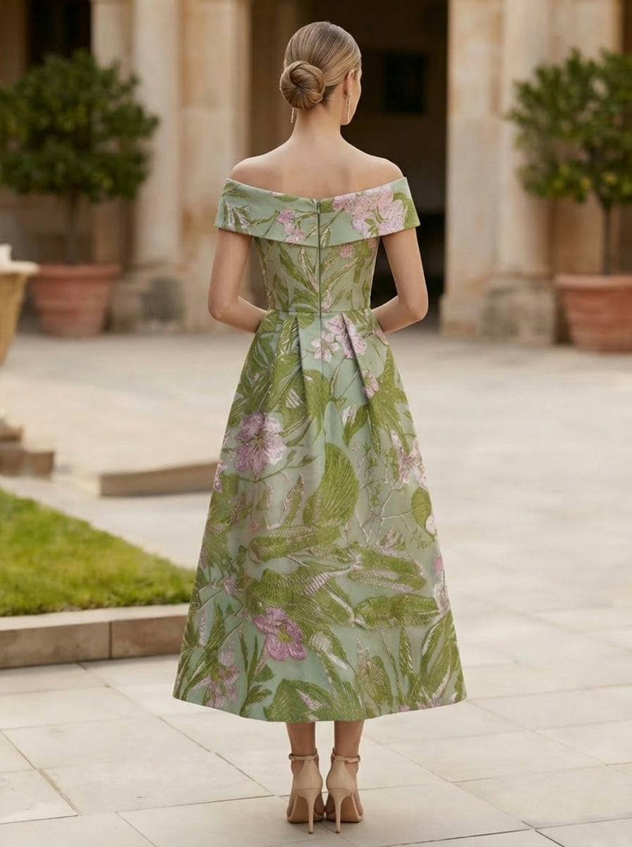 A-Line/Princess Off-the-Shoulder Printed Cocktail Dresses Sleeveless Floral Tea-Length Formal Dresses
