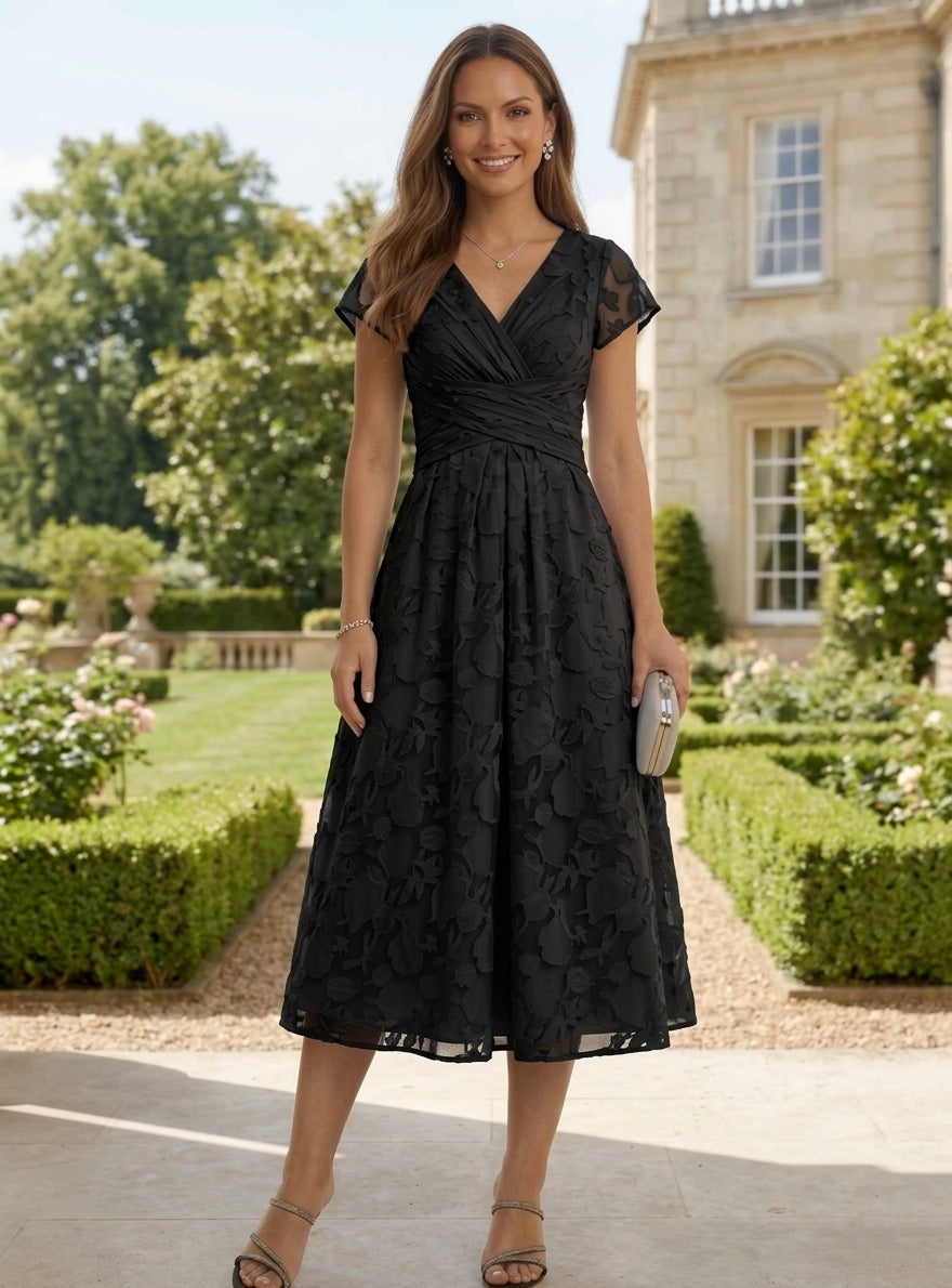 A-Line/Princess V-Neck Lace Floral Cocktail Dresses Tea-Length Short Sleeves Ruched Formal Dresses