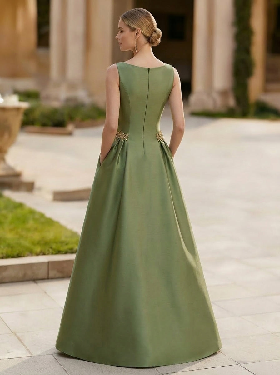 A-Line/Princess Scoop Satin Evening Dresses Sleeveless Floor-Length Rhinestone Party Dresses