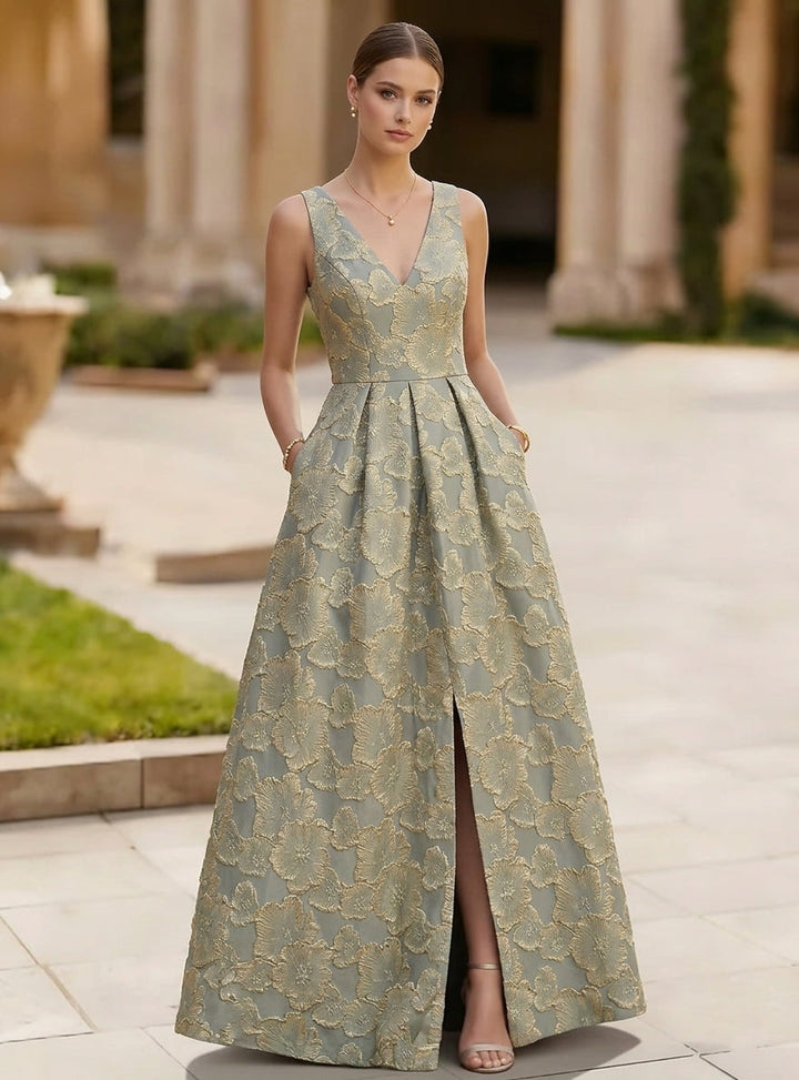 A-Line/Princess V-Neck Jacquard Evening Dresses with Split Side Floor-Length Sleeveless Floral Party Dresses