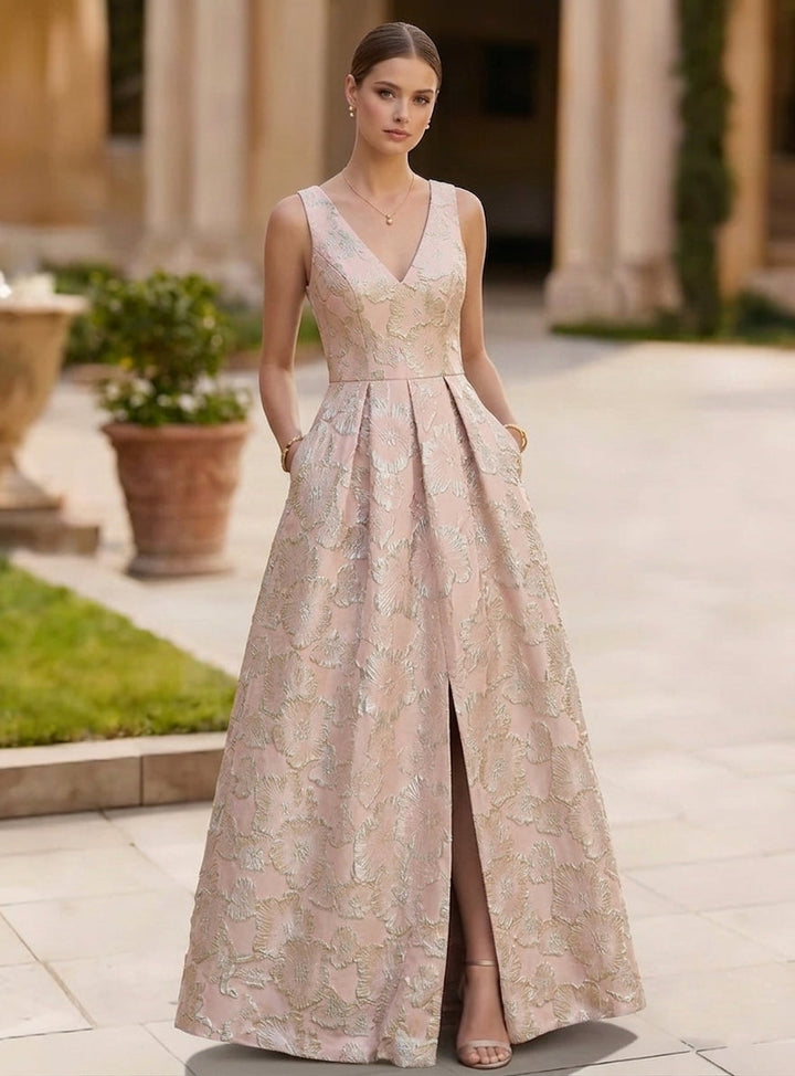 A-Line/Princess V-Neck Jacquard Evening Dresses with Split Side Floor-Length Sleeveless Floral Party Dresses