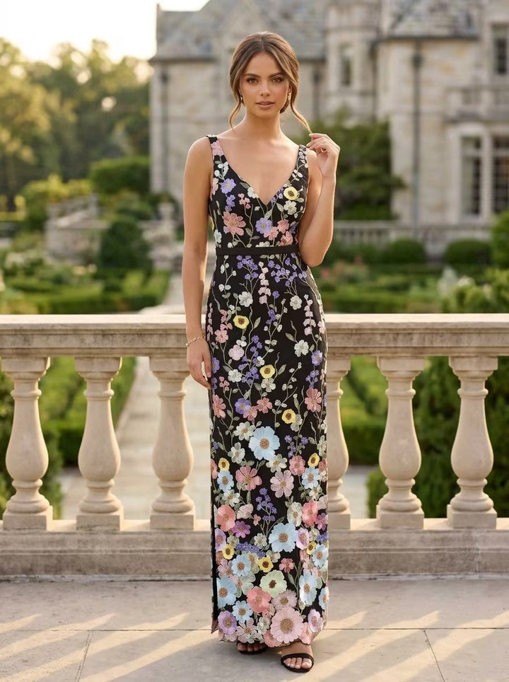 Sheath/Column V-Neck Lace Embroidery Evening Dresses with Split Side Ankle-Length Sleeveless Floral Party Dresses