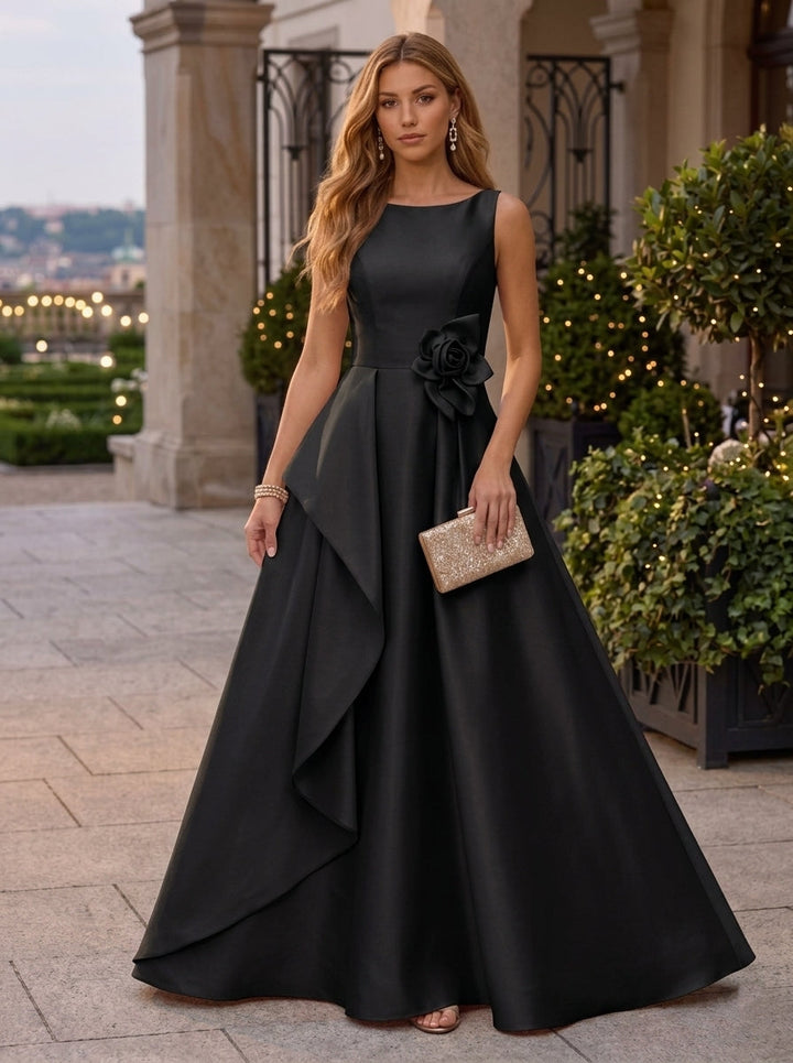 A-Line/Princess Scoop Satin Evening Dresses with 3D Flower Sleeveless Floor-Length Ruffles Party Dresses