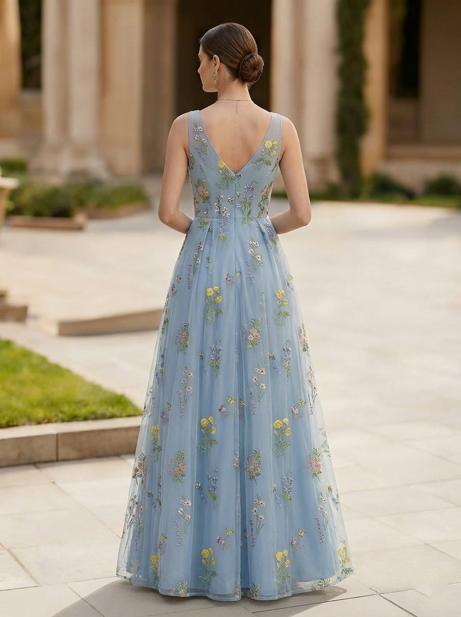 A-Line/Princess V-Neck Chiffon Evening Dresses with Split Side Sleeveless Floral Floor-Length Party Dresses