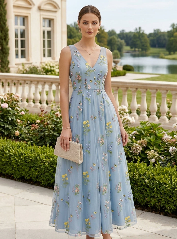 A-Line/Princess V-Neck Chiffon Cocktail Dresses Sleeveless Floral Ankle-Length Formal Dresses