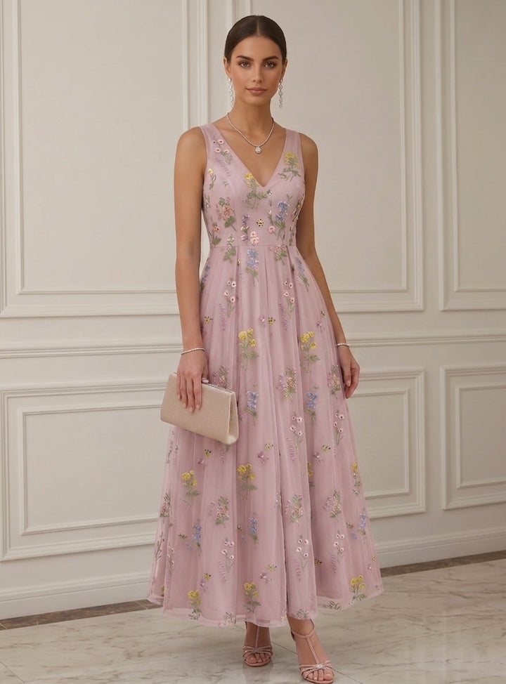A-Line/Princess V-Neck Chiffon Cocktail Dresses Sleeveless Floral Ankle-Length Formal Dresses