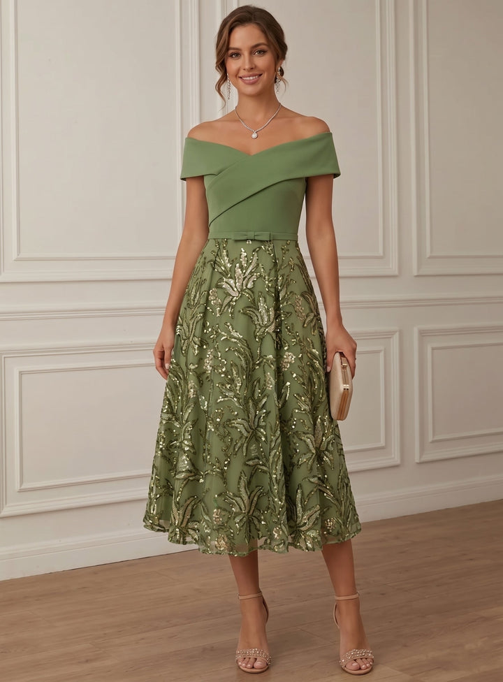 A-Line/Princess Off-the-Shoulder Stretch Satin Cocktail Dresses Sleeveless Sequins Floral Tea-Length Formal  Dresses