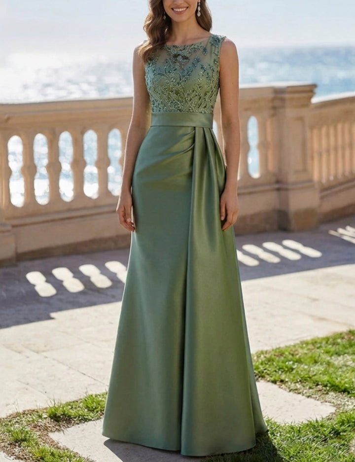 A-Line/Princess Scoop Satin Evening Dresses Sleeveless Floor-Length Lace Sequins Party Dresses