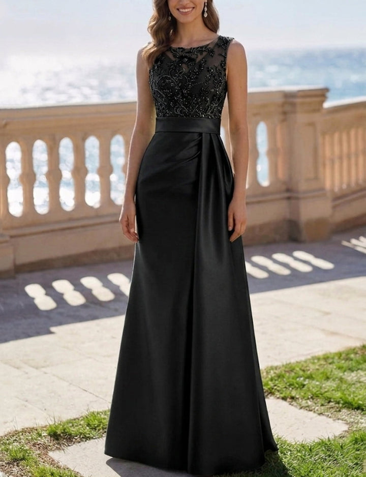 A-Line/Princess Scoop Satin Evening Dresses Sleeveless Floor-Length Lace Sequins Party Dresses