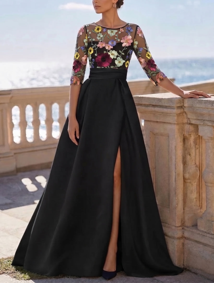 A-Line/Princess Scoop Satin Evening Dresses with Split Side 3/4 Sleeves Floor-Length Lace Floral Party Dresses