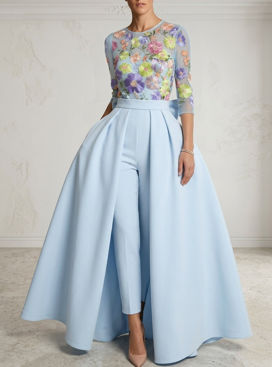 Jumpsuit Scoop Stretch Satin Evening Dresses with Overskirt Lace Floral 3/4 Sleeves Bowknot Ankle-Length Party Dresses
