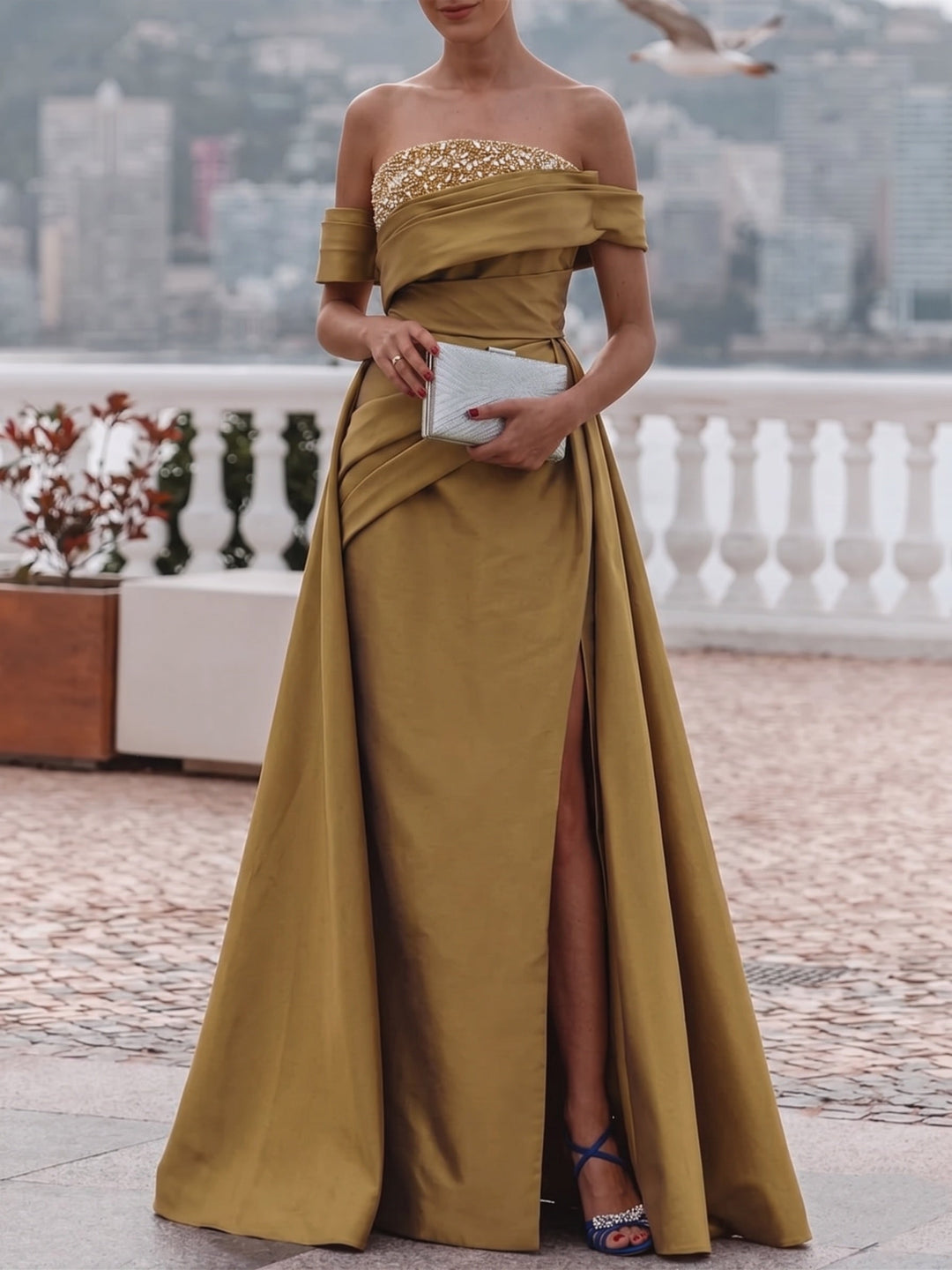 Sheath/Column Off-the-Shoulder Satin Evening Dresses Short Sleeves Floor-Length Party Dresses with Split Side Overskirts Beading
