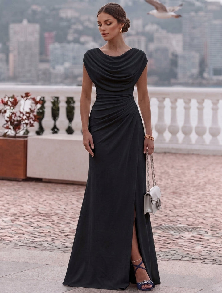 A-Line/Princess Cowl Neck Elastic Chiffon Evening Dresses with Split Side Floor-Length Sleeveless Ruched Party Dress