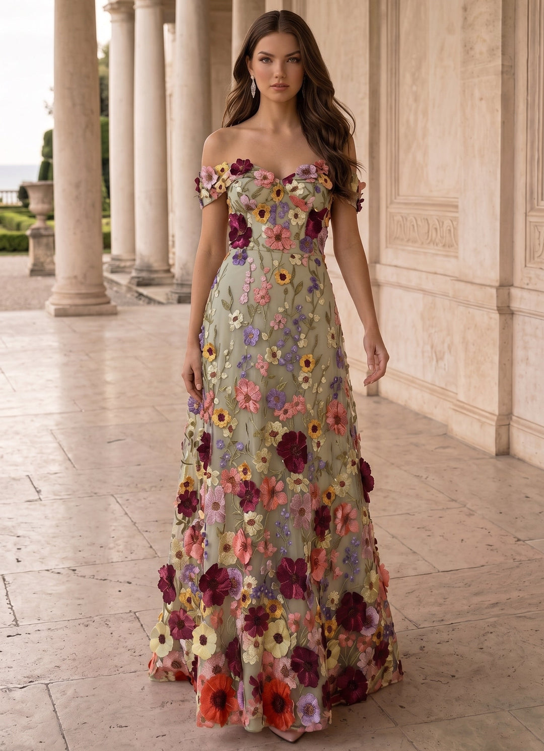 A-Line/Princess Off-the-Shoulder Evening Dresses Lace Embroidery Floor-Length Sleeveless Floral Party Dresses