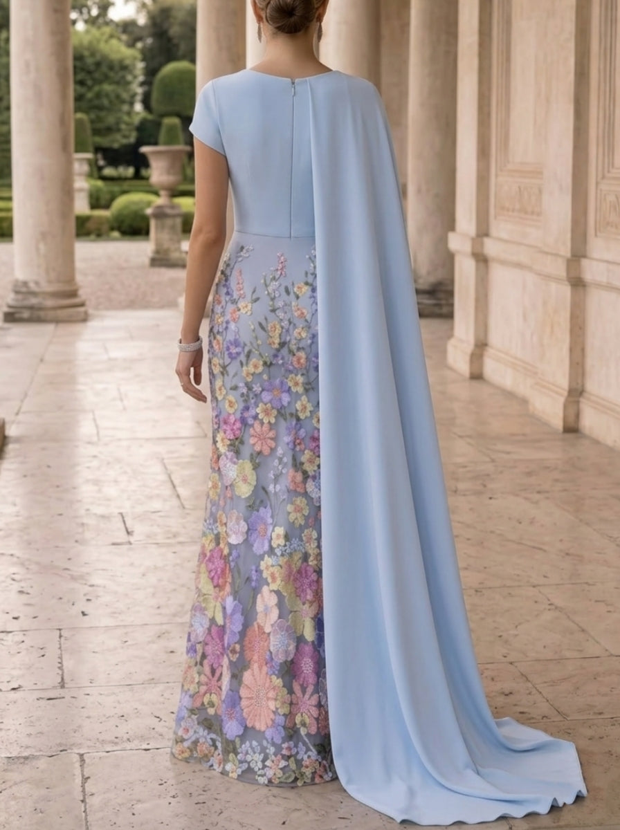 Sheath/Column Scoop Elastic Chiffon Evening Dresses with Cape Floor-Length Short Sleeves Floral Party Dress