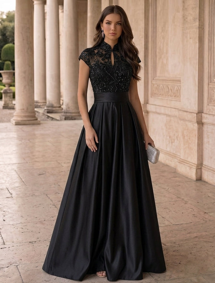 A-Line/Princess High Neck Sequins Lace Evening Dresses Satin Short Sleeves Floral Floor-Length Party Dresses